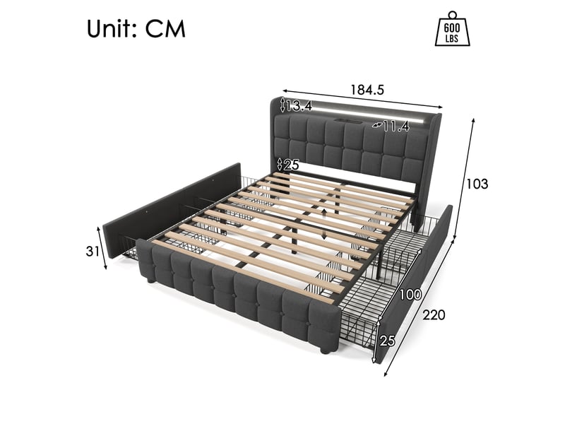  Lit coffre 180x200 cm rembourré avec 4 tiroirs-led et usb intégrés-tête de lit avec rangement-sommier à lattes-gris  - Conforama C