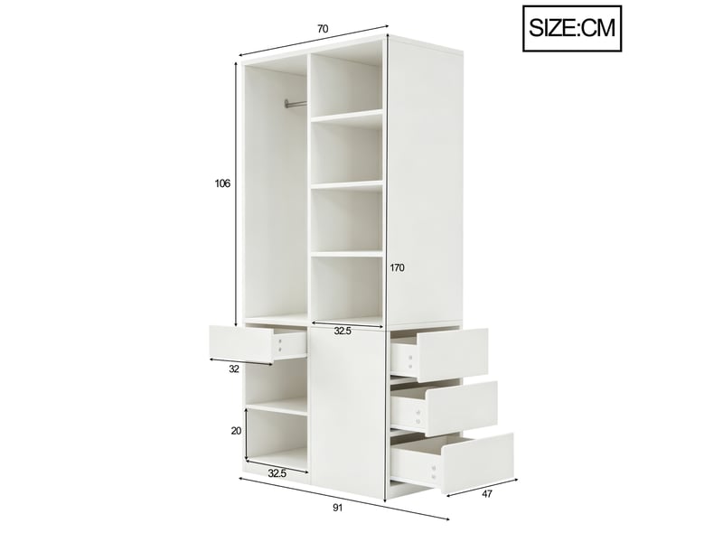  Armoire 70×50×170 cm - avec 4 tiroirs - avec étagères à plusieurs niveaux - blanc  - Conforama C