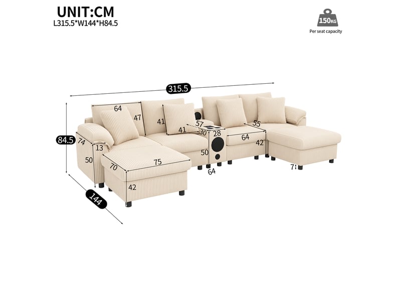  Canapé modulable en velours côtelé avec console multimédia beige N653P502A - Conforama C