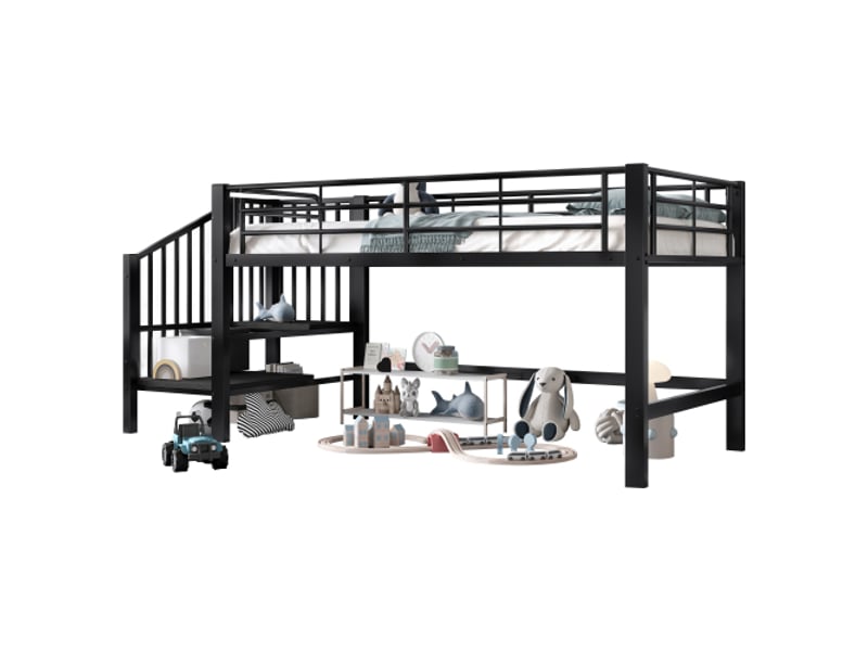 Lit mezzanine 90x200 cm avec escalier de rangement, barrière de sécurité, en métal, noir, sans matelas  - Conforama A