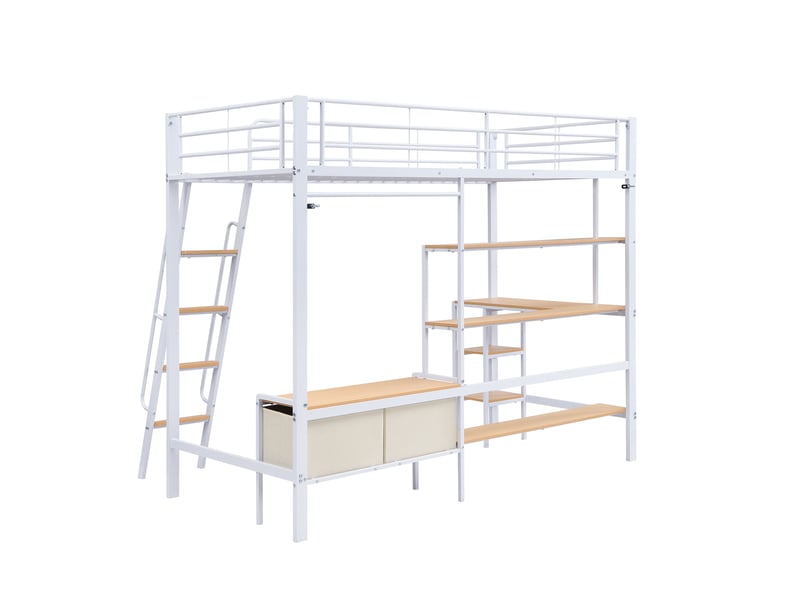Lit mezzanine en fer forgé, comprenant deux coffres de rangement en tissu, bureau et étagère de rangement, escalier incliné à quatre niveaux, fer et mdf, blanc et naturel, 90 x 200 cm - Conforama E