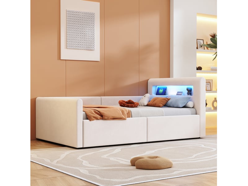  Lit enfant 90x200 cm avec led, rangement hydraulique et usb, velours beige  - Conforama D