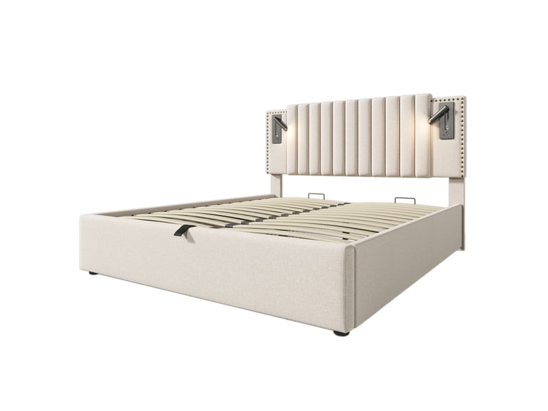  Lit coffre moderne 160x200cm, tête de lit réglable, rangement, lampe de lecture, port usb, coton beige, matelas inclus  - Conforama R