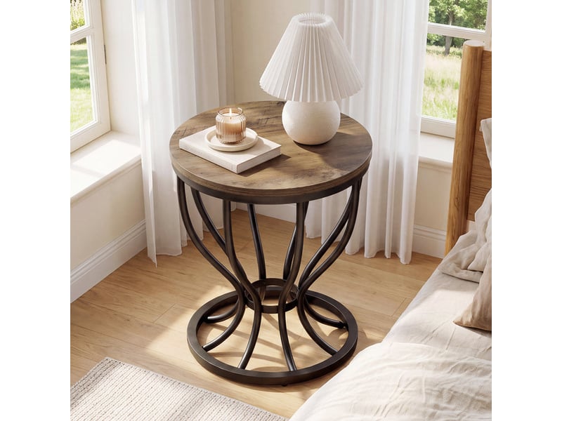  Table d'appoint ronde (50 cm) au design industriel, avec plateau en bois et structure en métal – petite table basse ou table de chevet pour salon, chambre ou balcon  - Conforama D