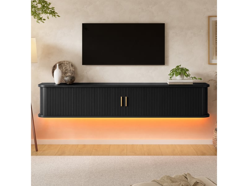 Meuble tv suspendu 175x30x30 cm, meuble télé salon à rainures verticales avec éclairage led inférieur piloté par app, mdf, noir OMNIGLINT TRADING LTD - Conforama B