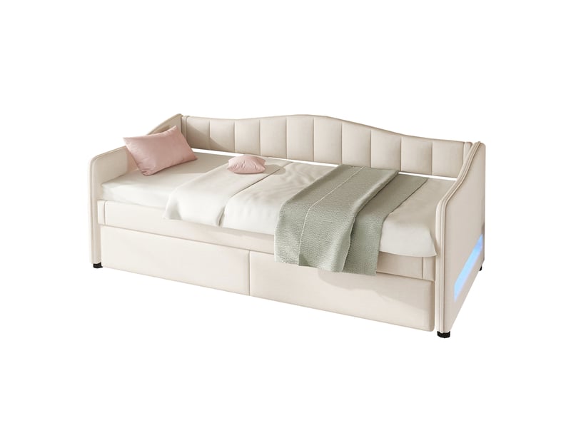  Lit gigogne 90x200 banquette lit en lin beige avec éclairage led app  - Conforama A