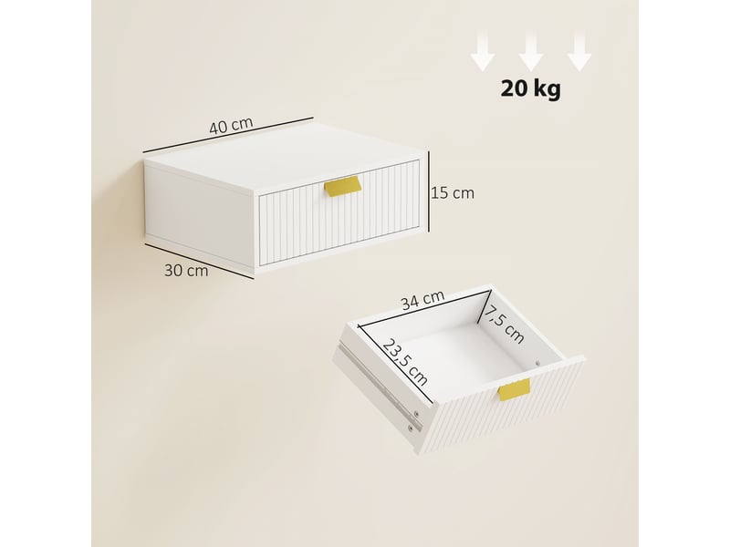  Lot de 2 tables de chevet murales, tables de nuit suspendues avec tiroir ondulé, 40 x 30 x 15 cm, blanc  - Conforama E