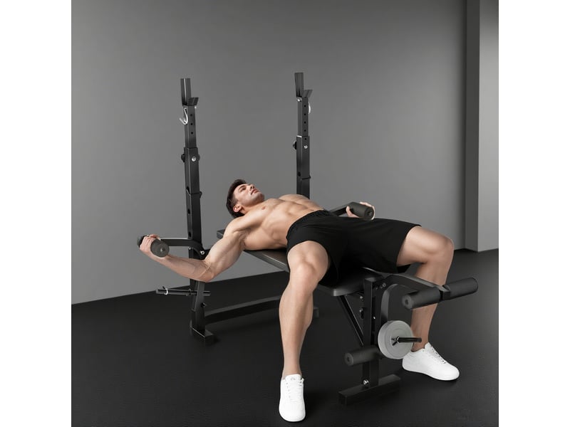 Banc de musculation avec support pour barre réglable, extension des jambes, pupitre à biceps et position papillon pour salle de sport - Conforama D