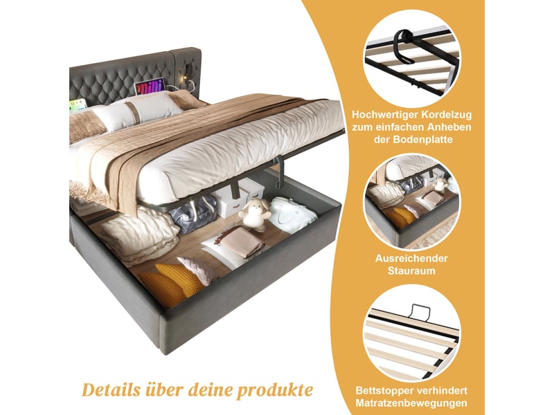  Lit coffre 160x200 cm avec 2 chevets, eclairage led, ports usb, velours gris  - Conforama E
