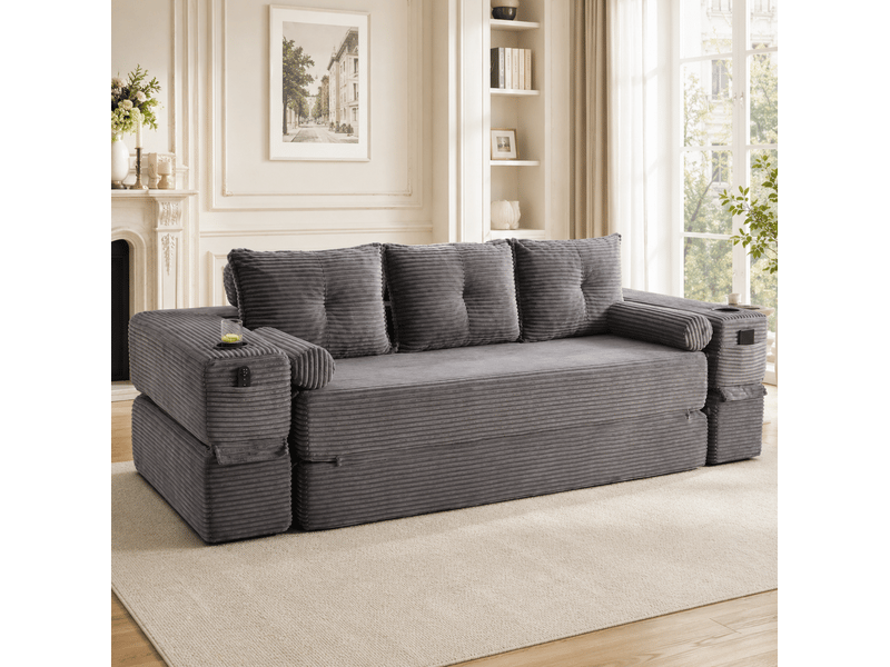  Canapé-lit convertible 3 places 232x98x80 cm avec 2 coussins décoratifs, poches et porte-gobelets, velours côtelé, gris  - Conforama D