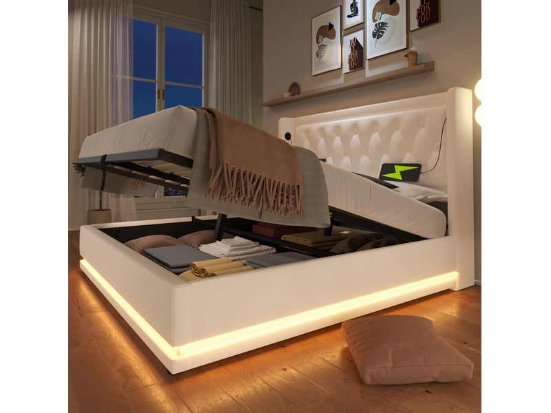  Lit coffre 140x200 cm en pu blanc, led 3 côtés, usbusb-c et tête capitonnée  - Conforama E