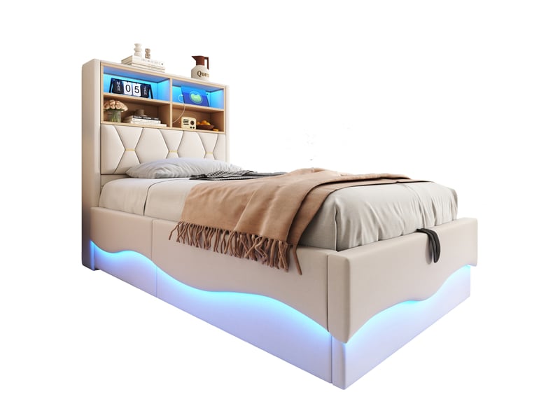 Lit coffre tcqpz 90 x 200 cm led app usb en tissu beige structure métal  - Conforama A