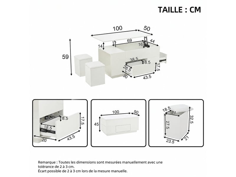  Table basse relevable blanche 100 x 50 x 45 cm, led, 2 tiroirs et 2 poufs, blanc  - Conforama E