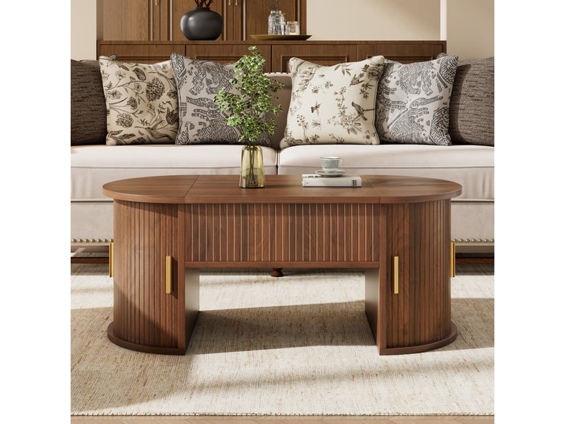  Table basse moderne à hauteur réglable, idéale pour le salon, avec étagères ouvertes et rangements dissimulés, portes coulissantes, parfaite pour les petits appartements et les bureaux à domicile.  - Conforama B