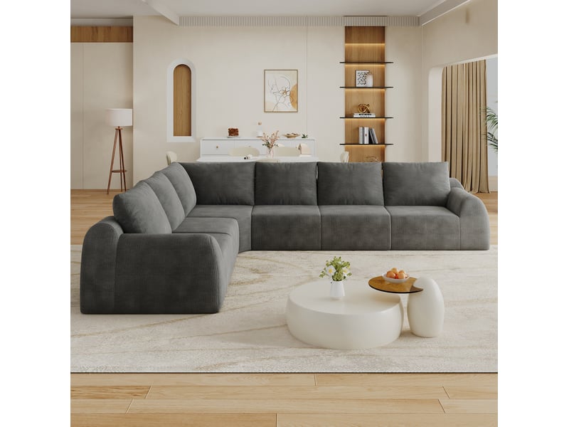  Canapé d’angle en l 334x267x85 cm, 6 places, compressé, sans montage, gris foncé  - Conforama C