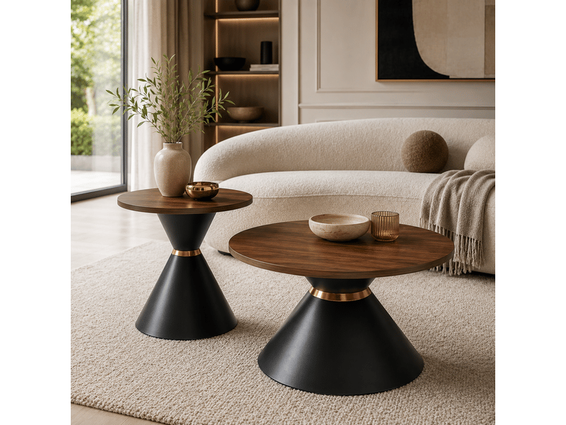  Set 2 tables basses rondes effet noyer - piètement métal noir conique - gain de place salonchambre  - Conforama E
