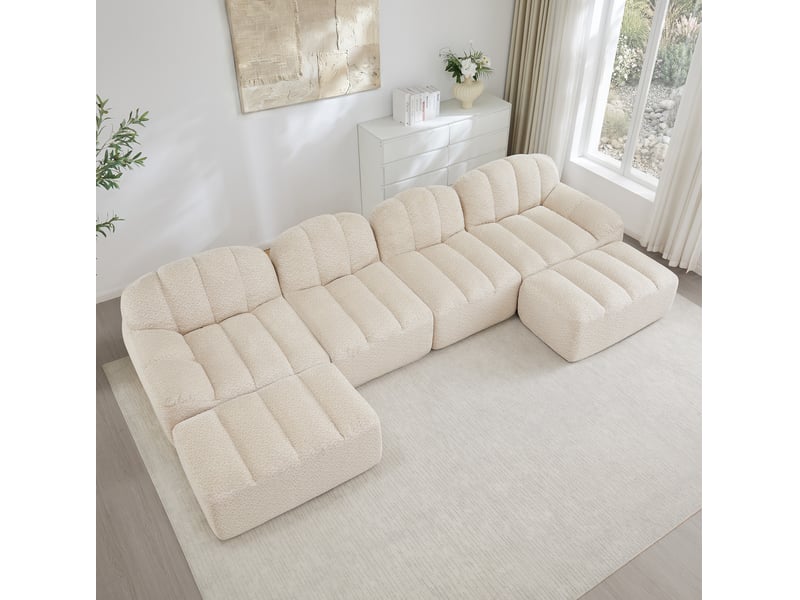  Canapé modulaire u ulevr 4 places avec 2 ottomans, 366 x 165 x 79 cm, tissu bouclette beige et blanc, mousse 32d  - Conforama B