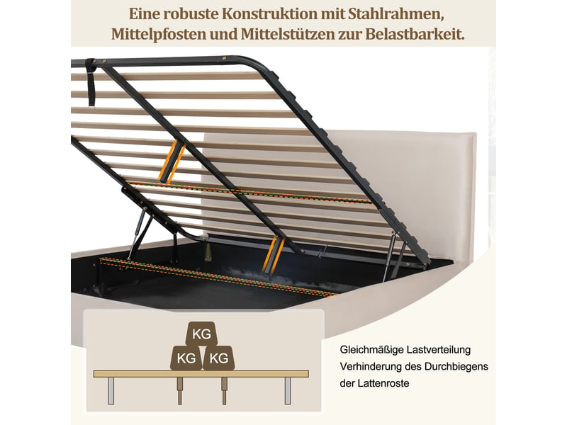  Lit coffre hydraulique 180x200 - lit double avec tête capitonnée velours - sommier lattes - creme  - Conforama D