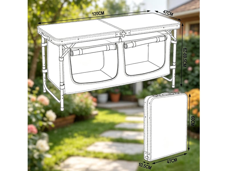  Table de jardin pliante 120 x 47 cm en aluminium, hauteur réglable avec sac de rangement suspendu bicolore  - Conforama C