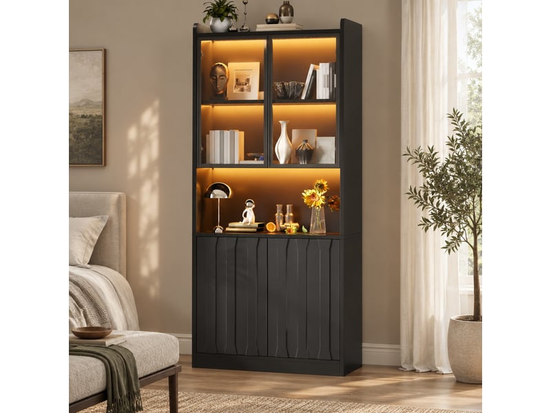  Vitrine avec 4 portes, 5 compartiments, led et étagères réglables pour salon en panneaux de particules, 80×35×200 cm  - Conforama B