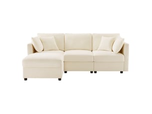Canapé d’angle 218x156,5x86 cm avec pouf et accoudoirs réglables en chenille beige