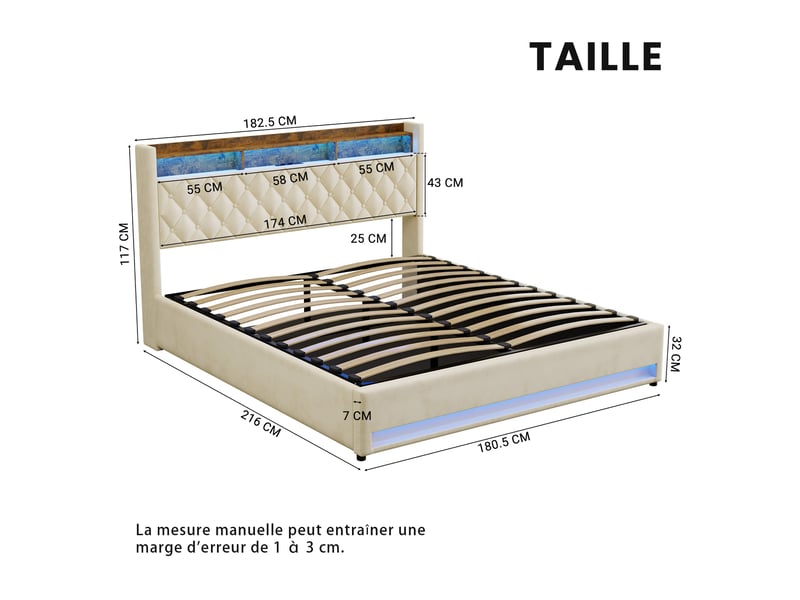  Lit coffre adulte 180x200 cm rembourré, revêtement en velours résistant aux taches, structure en mdf et fer, beige  - Conforama C