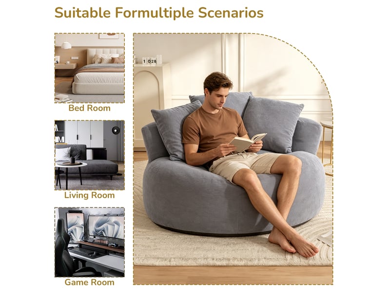  Fauteuil pouf rond à poser au sol, assise profonde en mousse résiliente, pour salon et chambre, en velours côtelé gris  - Conforama E