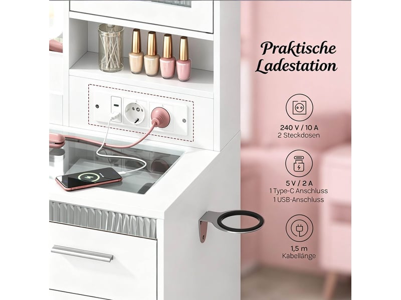  Coiffeuse moderne avec miroir et éclairage led, plateau en verre trempé, grand espace de rangement, blanche  - Conforama D