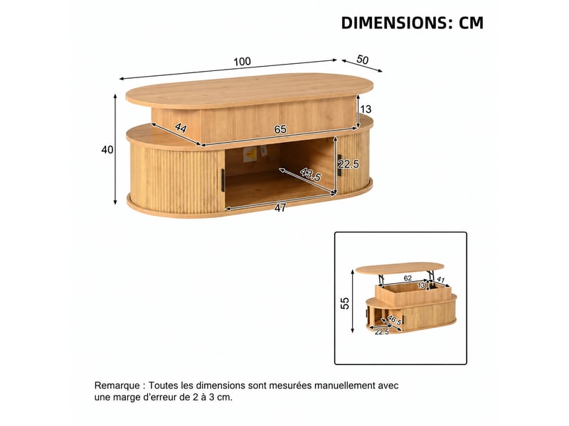  Table basse relevable ovale avec rangement en mdf, 100 x 50 x 40 cm, ton bois  - Conforama C