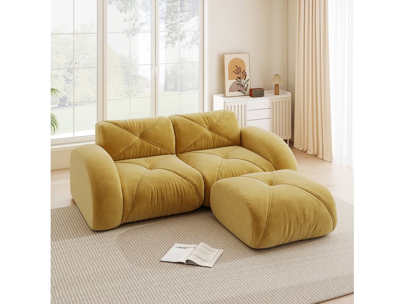  Canapé modulable 2 places 204x171x76 cm, design antiglisse, mousse haute densité 32d, avec pouf, revêtement en chenille, jaune  - Conforama B