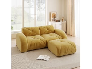 Canapé modulable 2 places 204x171x76 cm, design antiglisse, mousse haute densité 32d, avec pouf, revêtement en chenille, jaune