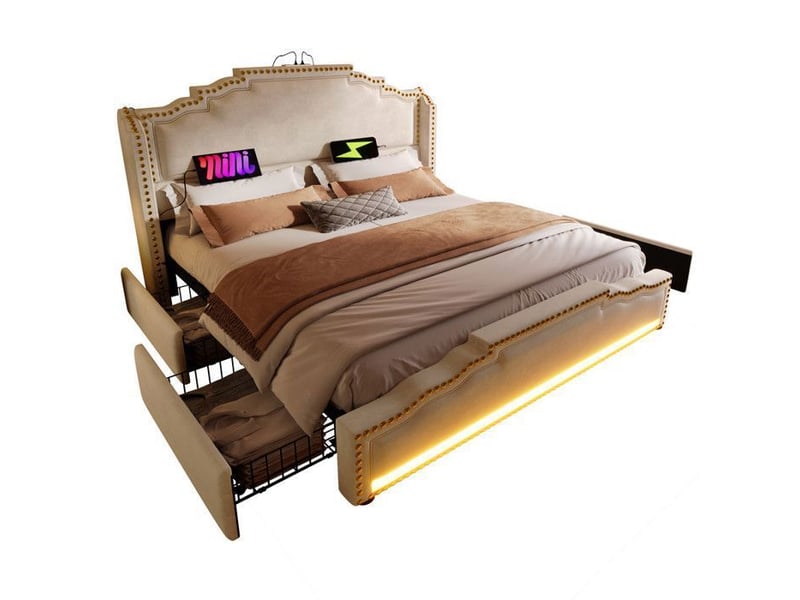  Lit double rembourré avec rangement - 160x200 cm - velours - beige - 4 tiroirs - éclairage led - port usb-c  - Conforama B