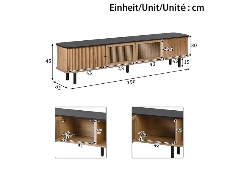 Meuble tv 190x35x45 cm, portes coulissantes, grand rangement, lowboard moderne, meuble multimédia, mdf et pb pour salon - chêne - Conforama C