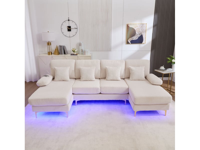 Canapé panoramique fixe 4 places en velours côtelé beige avec led et port usb-c, confort pour le salon - Conforama B