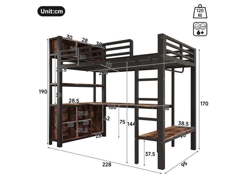  Lit mezzanine 90 × 200 cm 1 place avec bureau, penderie, étagères et rangements, sans matelas, noir  - Conforama D