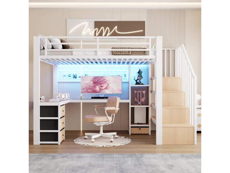 Lit mezzanine 90x200 cm en métal avec bureau gaming, led, escalier avec rangements, 4 tiroirs, étagères et espace de travail intégré - blanc - Conforama B