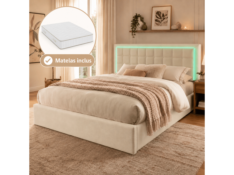  Lit coffre 160x200 cm - avec éclairage led - avec rangement - en pu - blanc CARDUME ESTIVAL - Conforama B