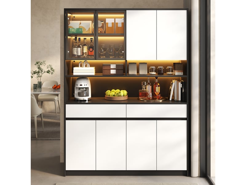  Buffet haut 160x120 cm en mdf avec éclairage led intégré, portes vitrees et tiroirs, noir et blanc  - Conforama B