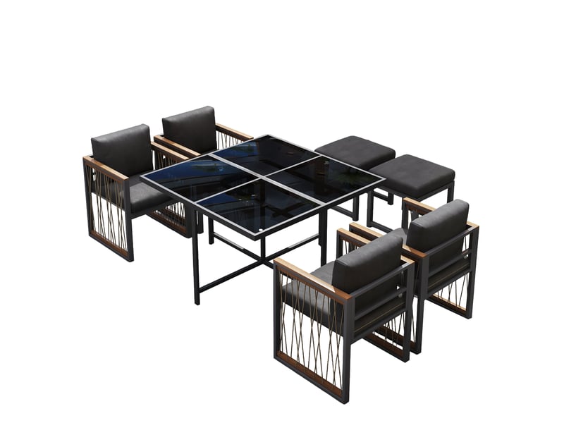 Ensemble repas de jardin 7 pièces pour 6 personnes, verre trempé, bois et plastique - Conforama A