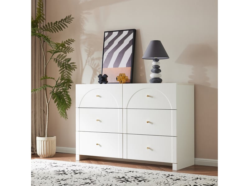 Commode 6 tiroirs, 120x40x82 cm, buffet meuble de rangement pour chambre et salon, style romantique chic en bois, blanc  - Conforama B