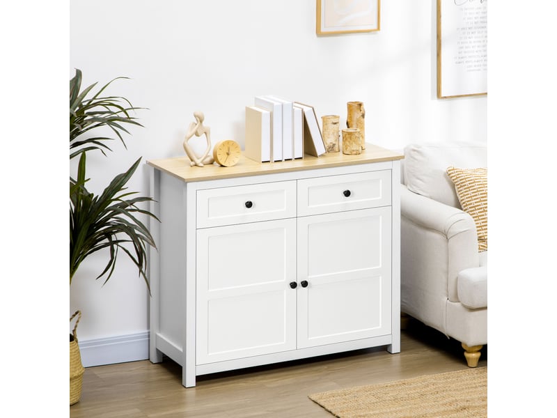  Commode meuble de rangement 2 portes avec étagère réglable en hauteur 2 tiroirs 100 x 40 x 85 cm blanc et aspect bois  - Conforama A