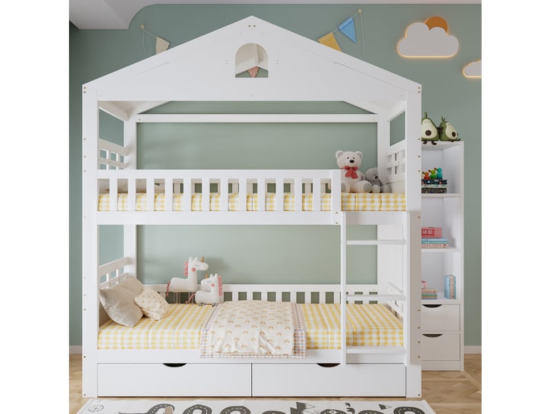 Lit superposé 90 × 200 cm avec 2 tiroirs, rangement latéral ouvert, échelle et barrières pour chambre enfant  - Conforama D