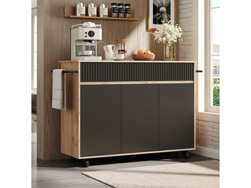  Îlot de cuisine mobile avec plateau rabattable, desserte noire et naturelle 120 x 65 x 91 cm  - Conforama C