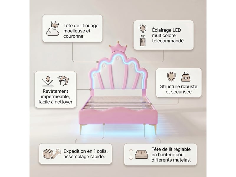  Lit simple 90x190 cm, lit enfant avec rgb led et tête de lit couronne réglable, lit capitonné avec sommier, rose  - Conforama C
