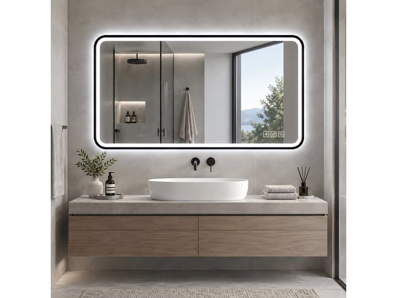  Miroir de salle de bains led 100 x 60 cm noir, aluminium, éclairage réglable et fonction antibuée  - Conforama D