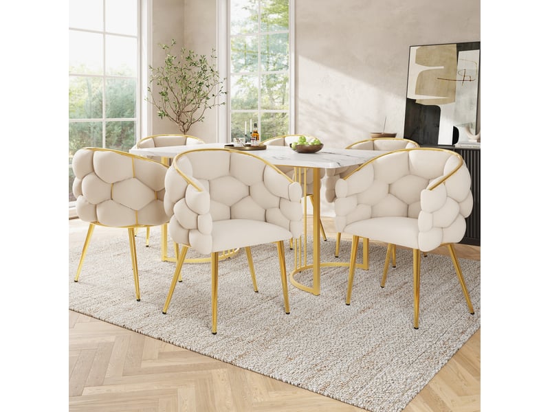  Ensemble table et chaises avec 1 table et 6 chaises, style moderne, en mdf, métal et velours beige et doré  - Conforama B