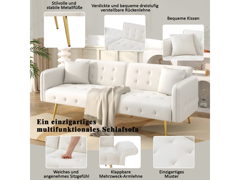  Canapé convertible 2 places, canapé-lit en velours blanc avec dossier et accoudoirs réglables, pieds en métal, 178x82x70 cm  - Conforama R