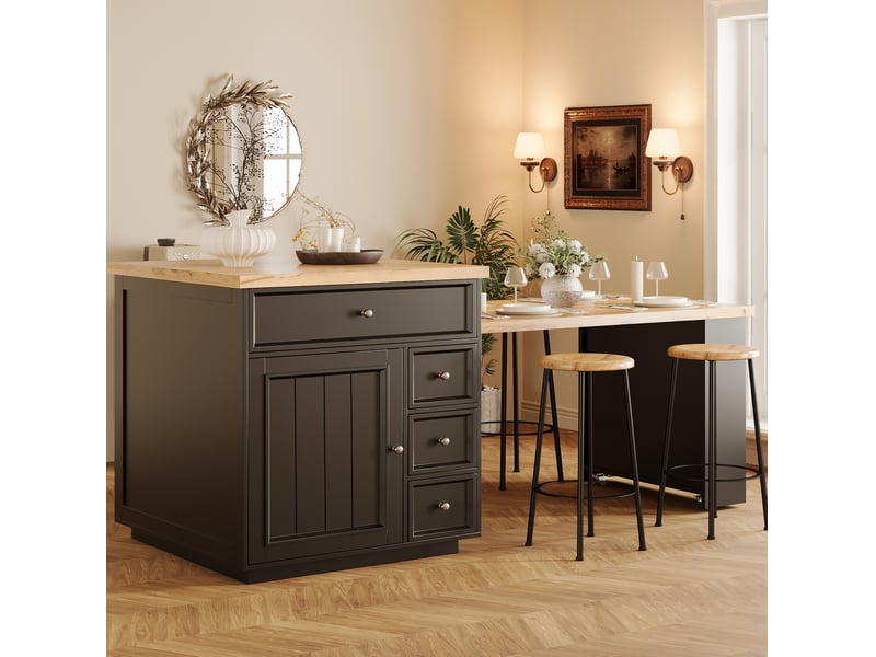  Îlot de cuisine extensible 120 à 184 cm sur roulettes avec 5 tiroirs, noir  - Conforama C