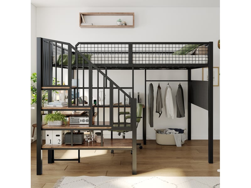  Lit mezzanine 140x200 cm noir avec bureau d'angle, escalier et prise de charge  - Conforama D