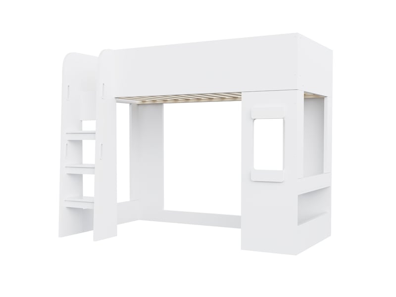  Lit mezzanine enfant 90x200 cm avec bureau, led et barrières hautes, bois blanc, sans matelas  - Conforama E